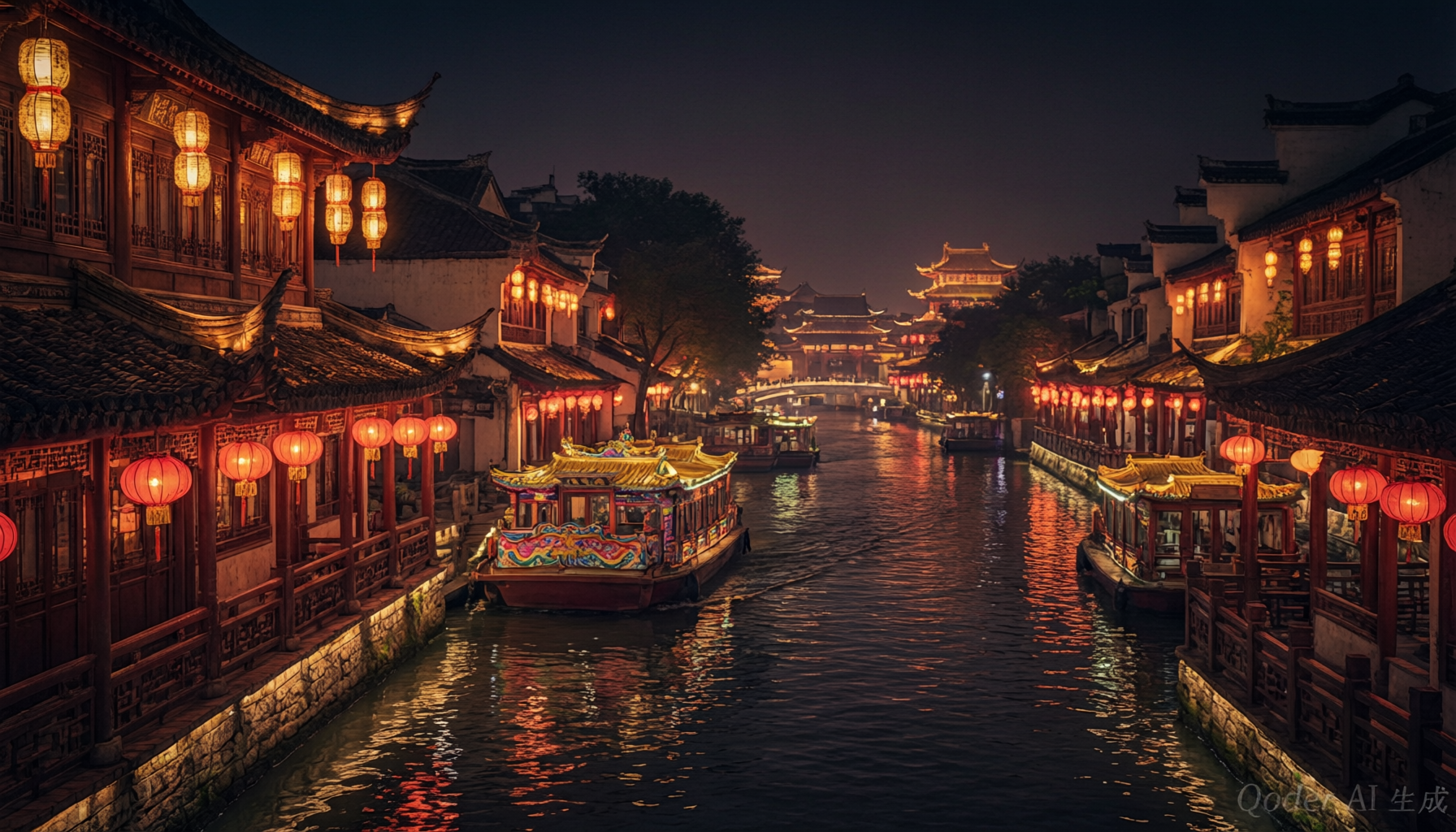 Qinhuai River at night with traditional lanterns